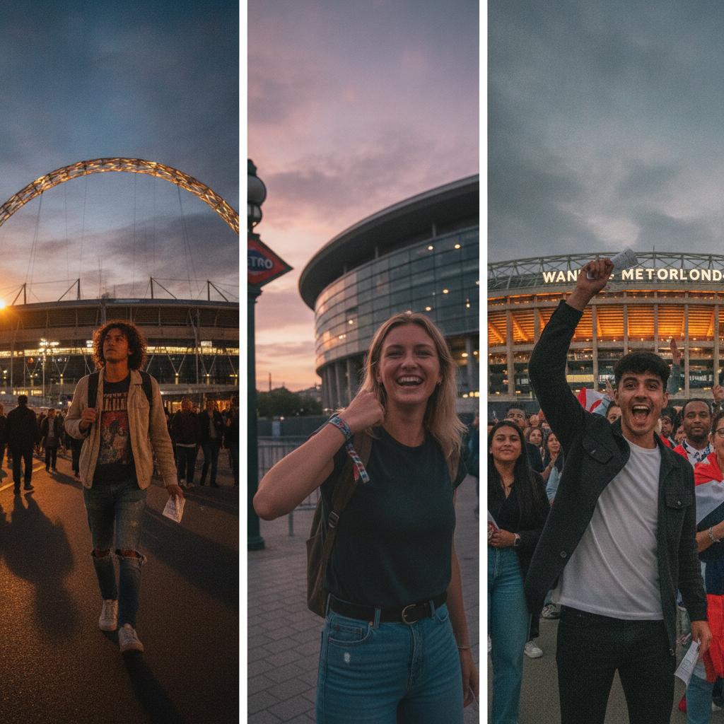 Three fans holding paper tickets outside Wembley arch, Stade de France and Wanda Metropolitano at dusk, heading into shows