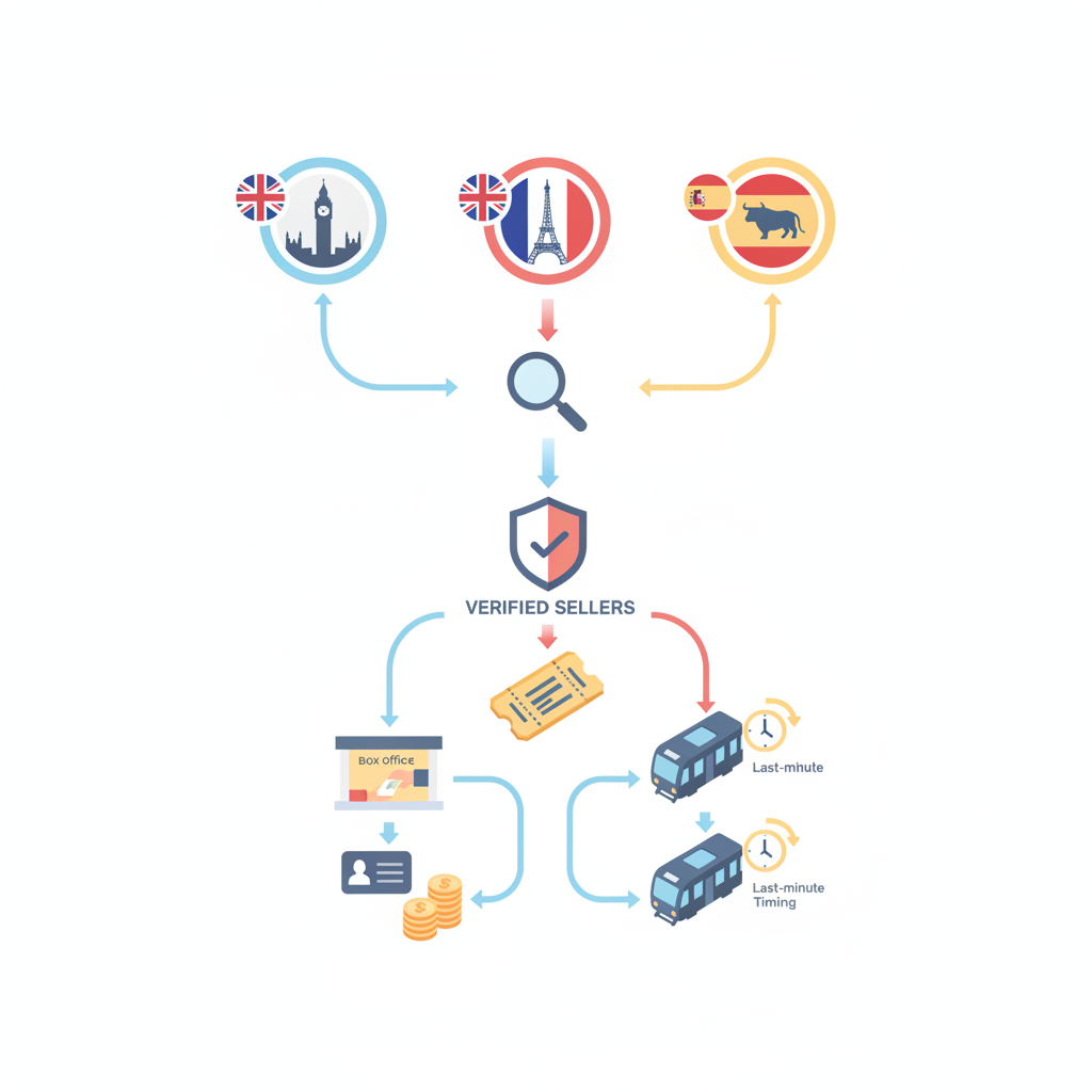 Isometric icons for search, verified seller, box office pickup, ID check and payment for same-day stadium tickets