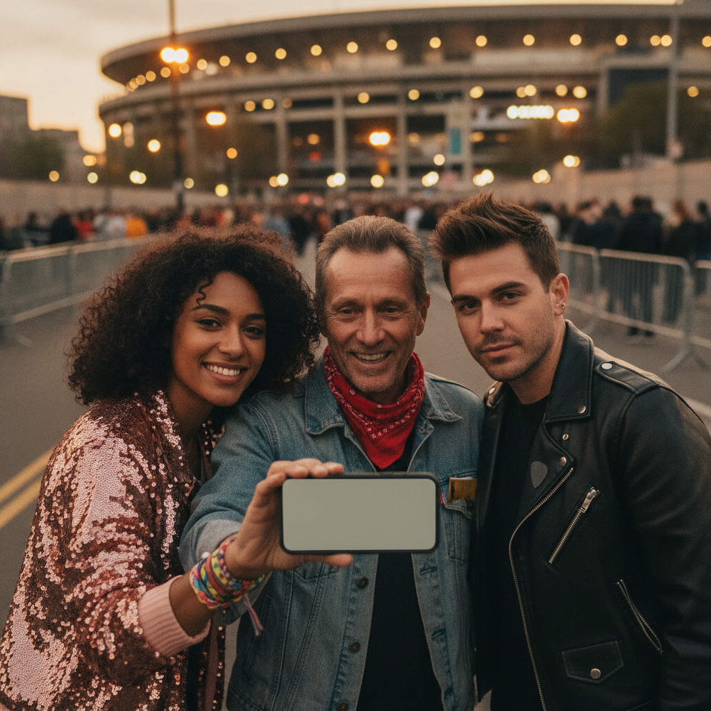 Three fans outside a lit stadium compare tickets on a blurred phone screen at dusk, excited crowd waiting behind them