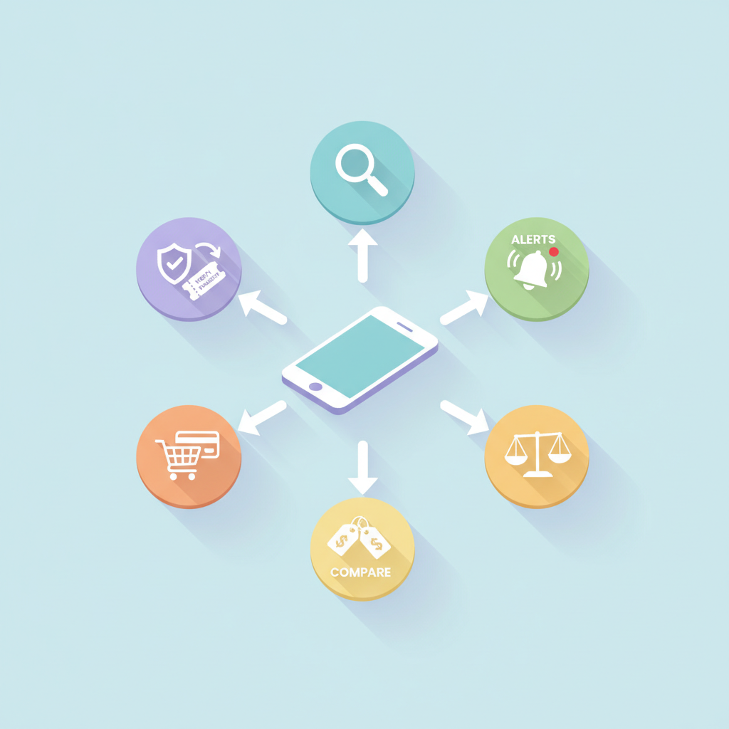 Isometric diagram of a phone-linked five-step same-day ticket flow using icons and arrows