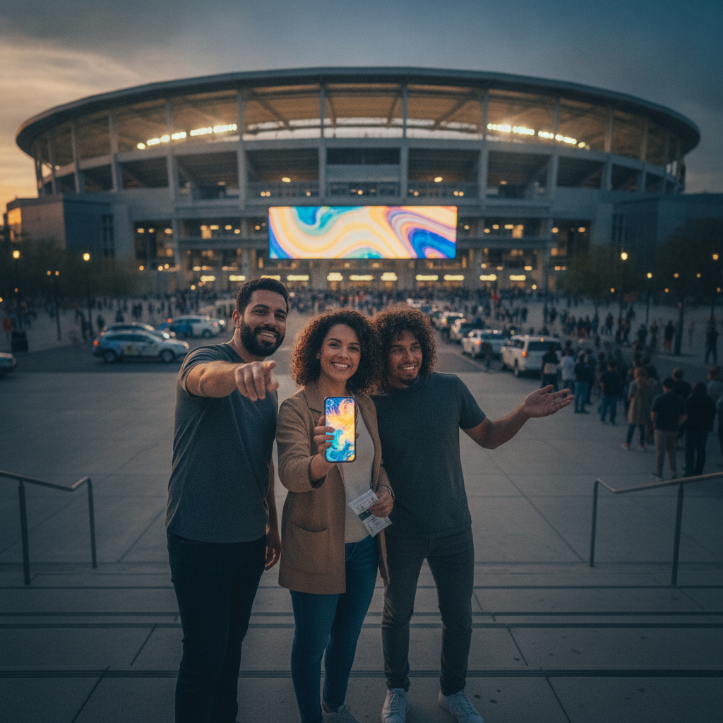 Fan holding smartphone and paper ticket outside a lit stadium at dusk, checking last-minute ticket options