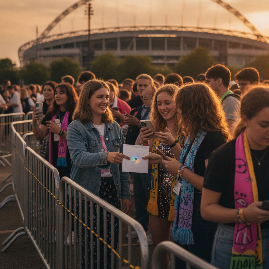 Fans queuing outside Wembley Stadium at dusk, trading and checking verified same‑day Taylor Swift tickets in London 2026.