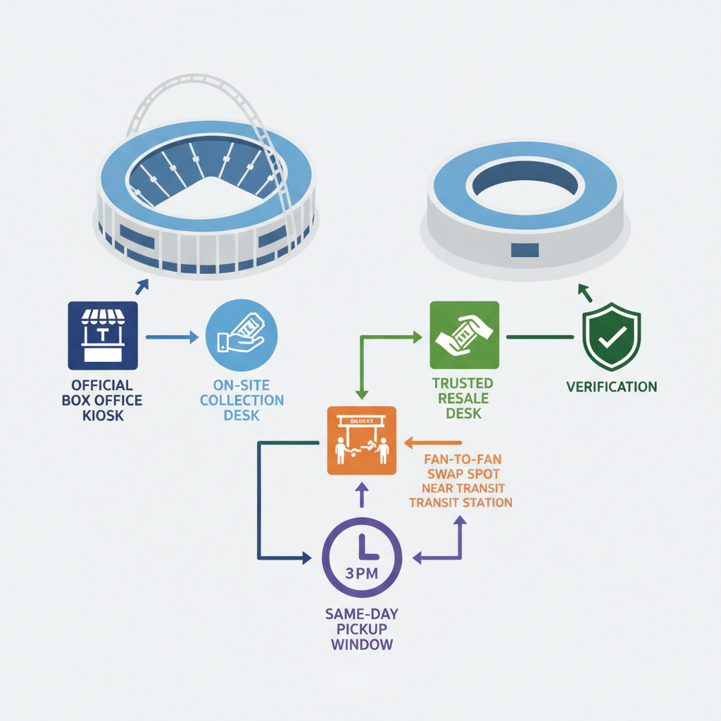 Isometric diagram of same‑day ticket flow: box office, collection desk, resale & fan‑swap routes for London stadium shows.