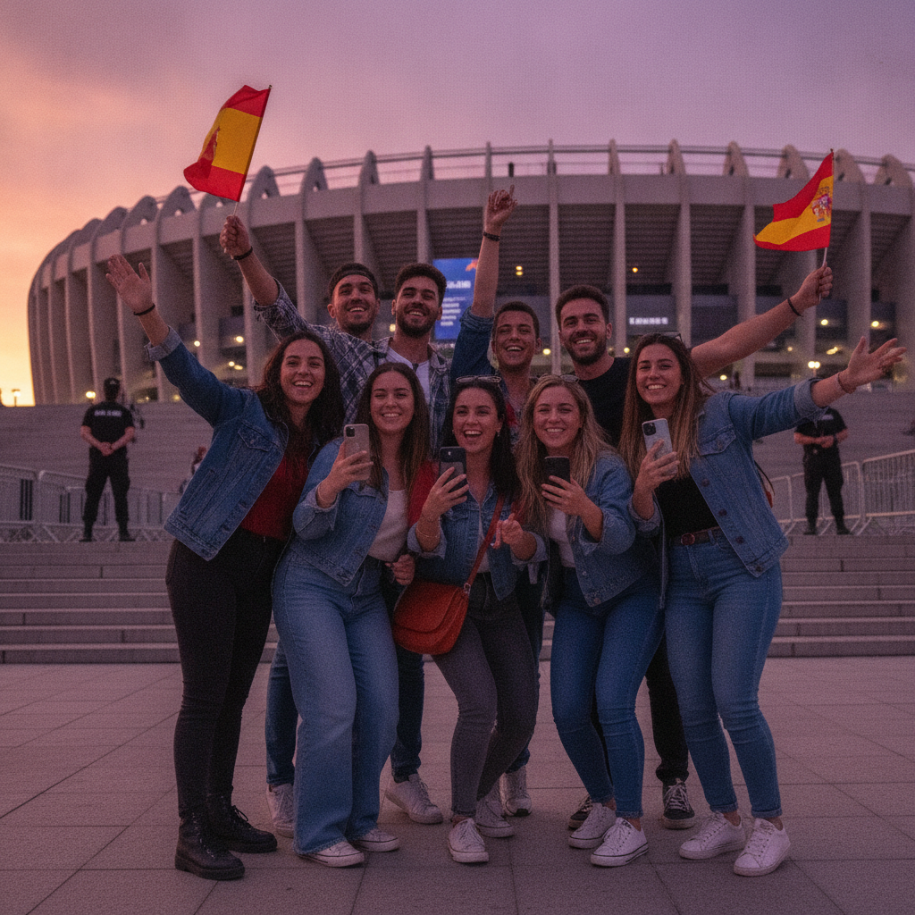 Concertgoers checking phone tickets and waving Spanish flags outside stadium at dusk before Foo Fighters show in Madrid