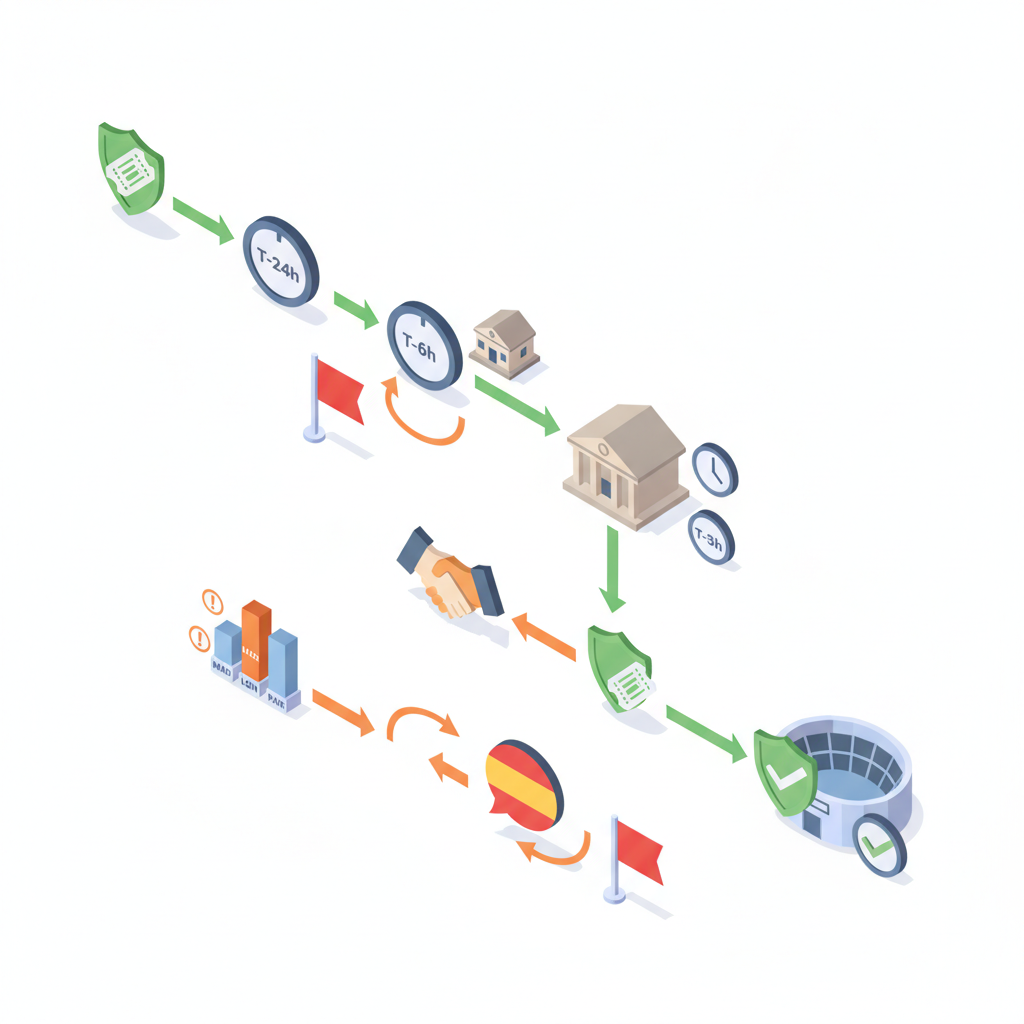 Isometric diagram illustrating steps to secure verified same‑day Madrid concert tickets with resale, local sellers, box