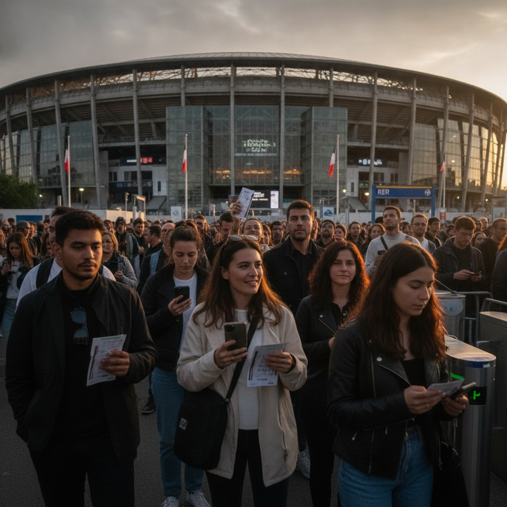 Fans hold paper and mobile tickets while queuing at Stade de France at dusk, excited for a Bruce Springsteen concert.