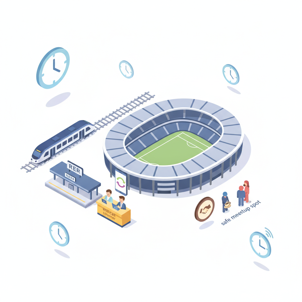 Isometric diagram mapping Stade de France logistics: RER access, will-call desk, phone transfers, meetup spots and timeline