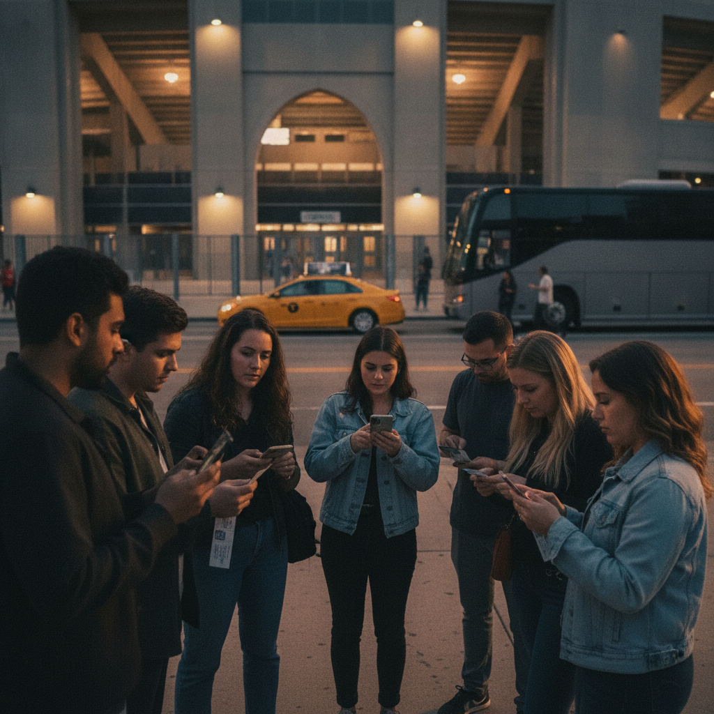 Group of fans holding printed tickets and checking phones outside a stadium at dusk, preparing to enter