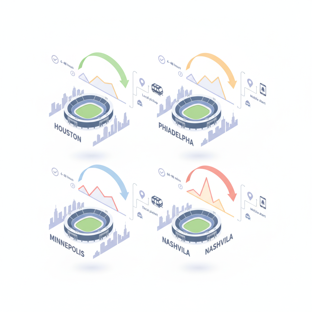 Isometric infographic with four stadiums, clock arcs and price curves showing same‑day resale timing and strategies