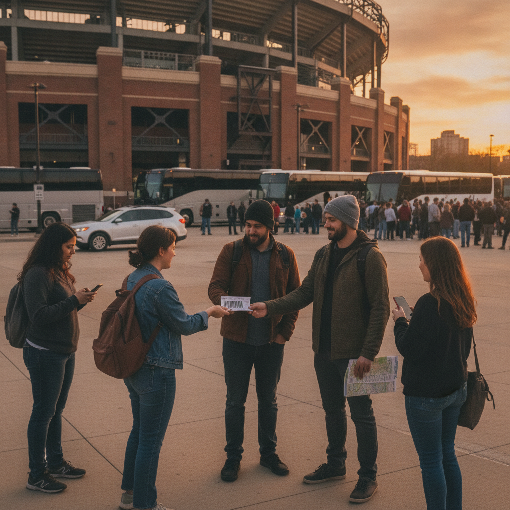 Diverse fans exchanging printed tickets and checking phones outside an East Coast stadium at dusk, prepping for a last‑minute