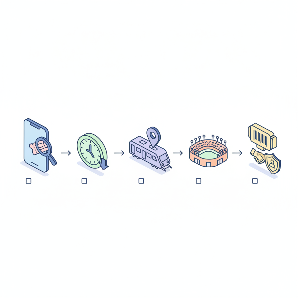 Isometric how‑to diagram showing icons for searching resale, watching price drops, transit, stadium arrival, and verifying