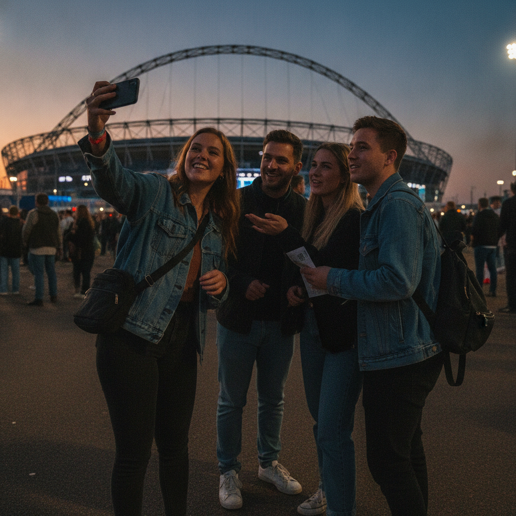 Fans checking last‑minute Foo Fighters resale options on a phone outside Wembley stadium at dusk