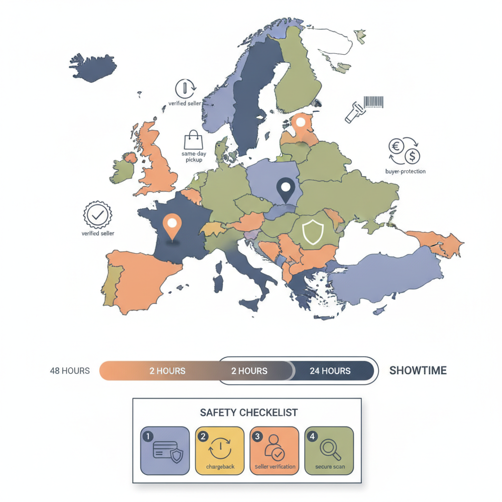 Isometric diagram map of Europe with timing pins and a safety checklist of verified resale icons