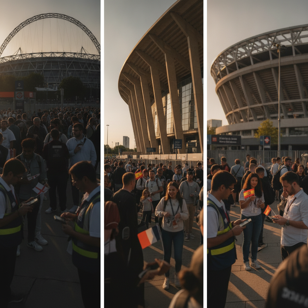 Fans queue and exchange tickets at the entrances of Wembley, Stade de France and Wanda Metropolitano before evening matches.