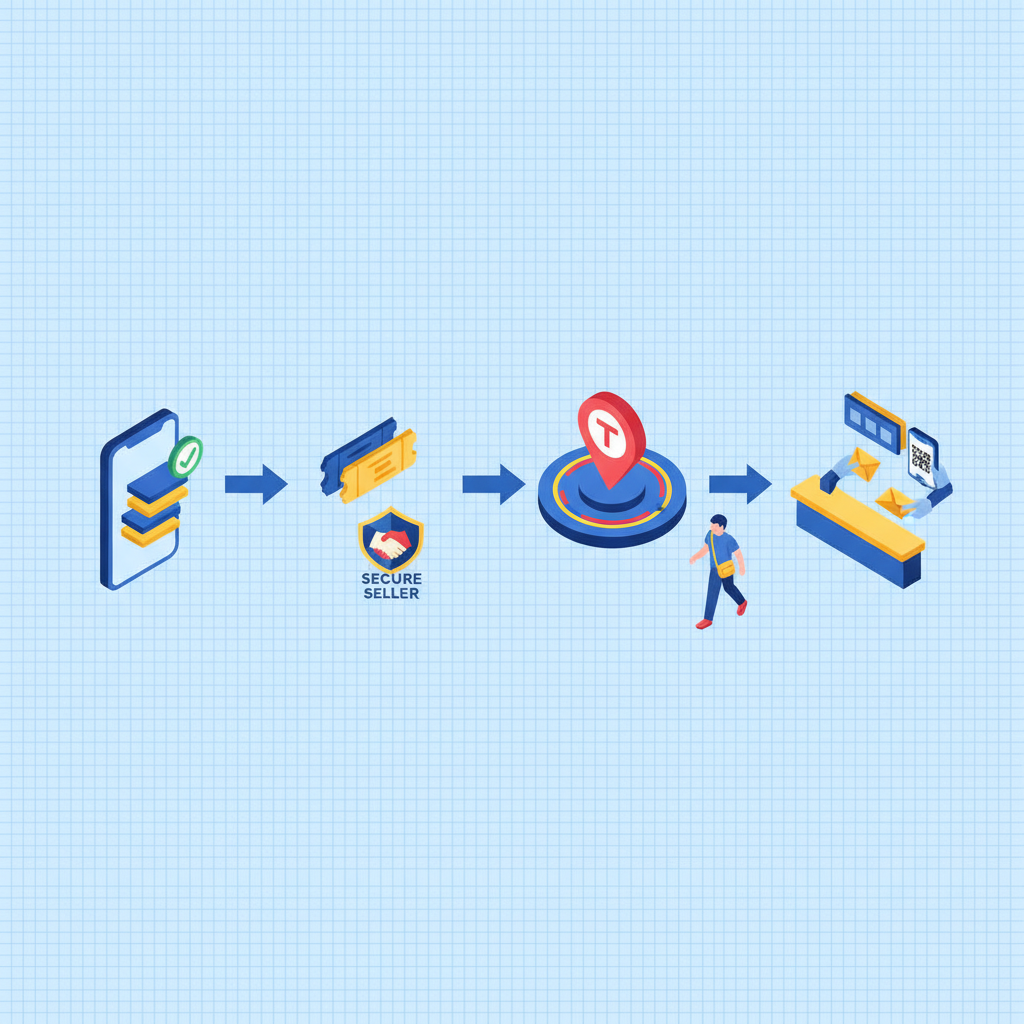 Isometric diagram showing steps to compare offers, buy, transit to, and collect verified same‑day stadium tickets.
