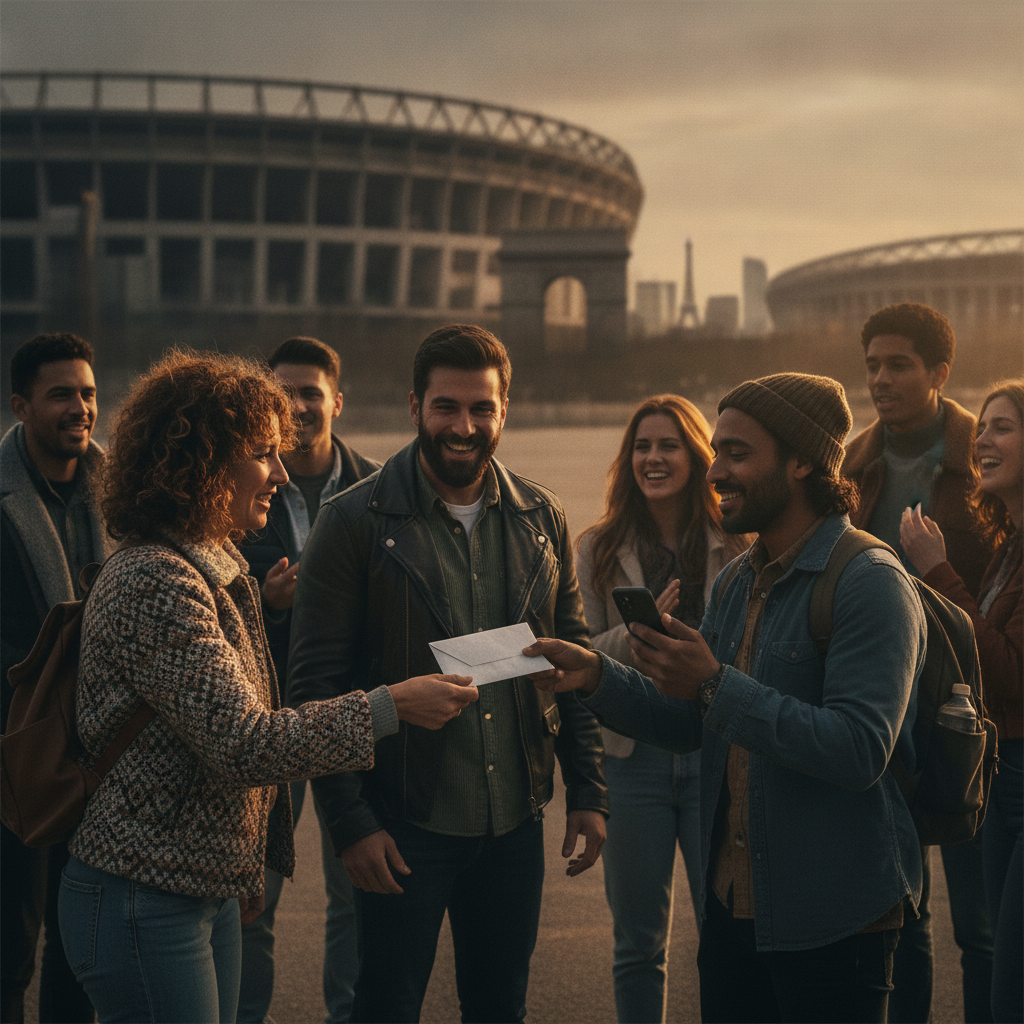 Fan exchanging a sealed ticket envelope and checking a phone outside a lit stadium at dusk