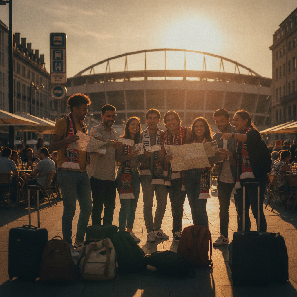 Diverse fans comparing tickets and maps on a city plaza at dusk, preparing for same‑day stadium entry