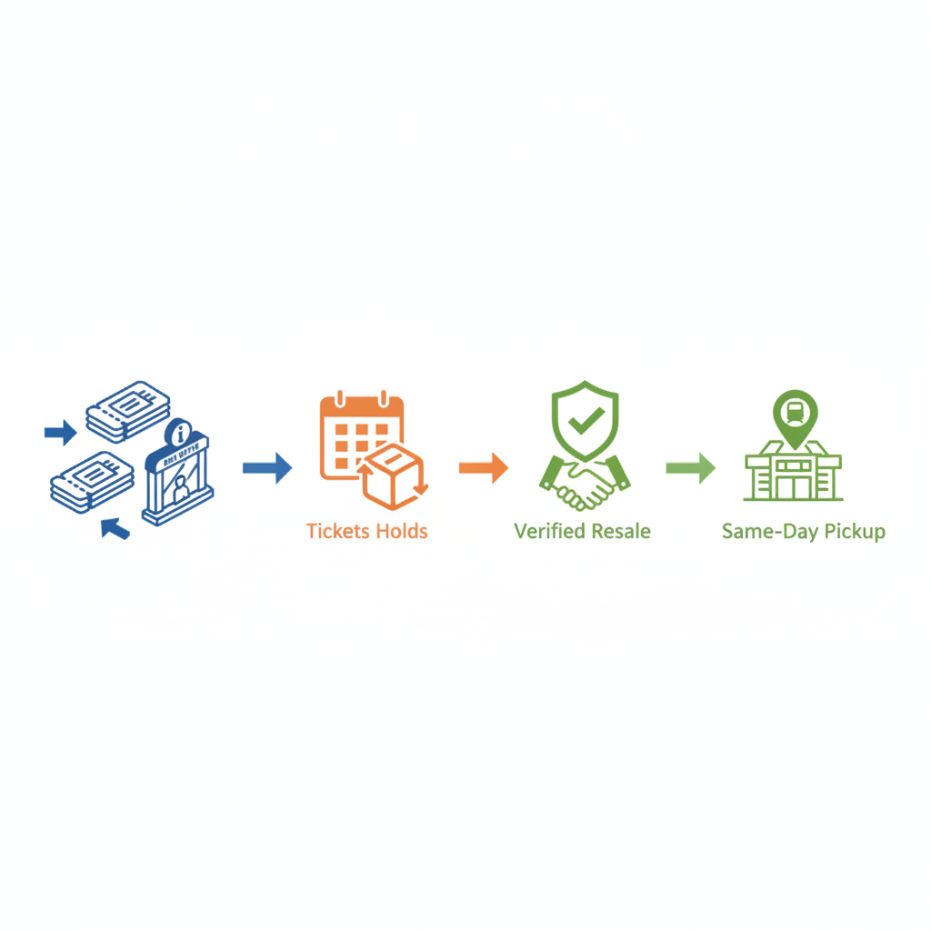 Isometric diagram with arrows showing ticket flow from primary sale to holds, resale platforms, and same‑day pickup hubs