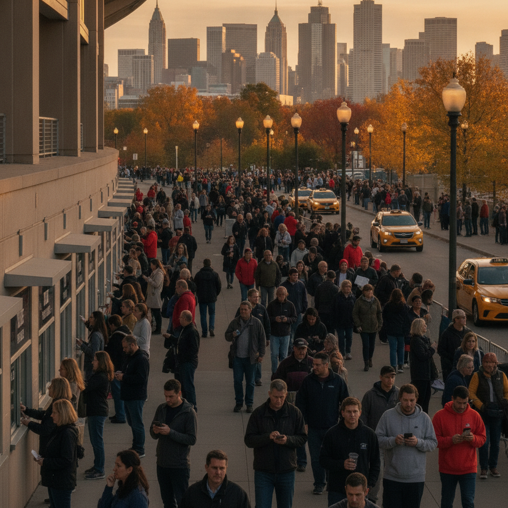 Fans queuing at arena box office at dusk, checking phones for last‑minute concert tickets in an urban theater district.