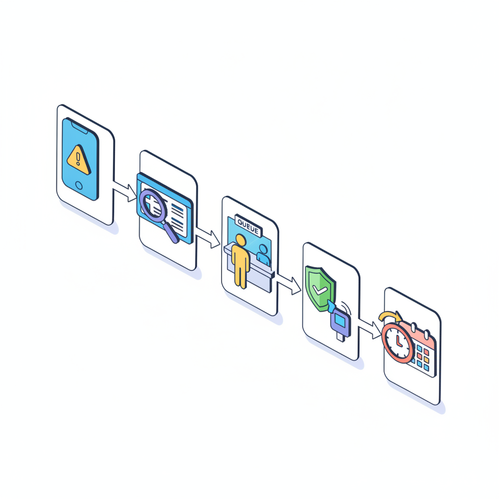 Isometric diagram of step‑by‑step last‑minute ticket tactics with icons: alerts, searches, box office, verification.