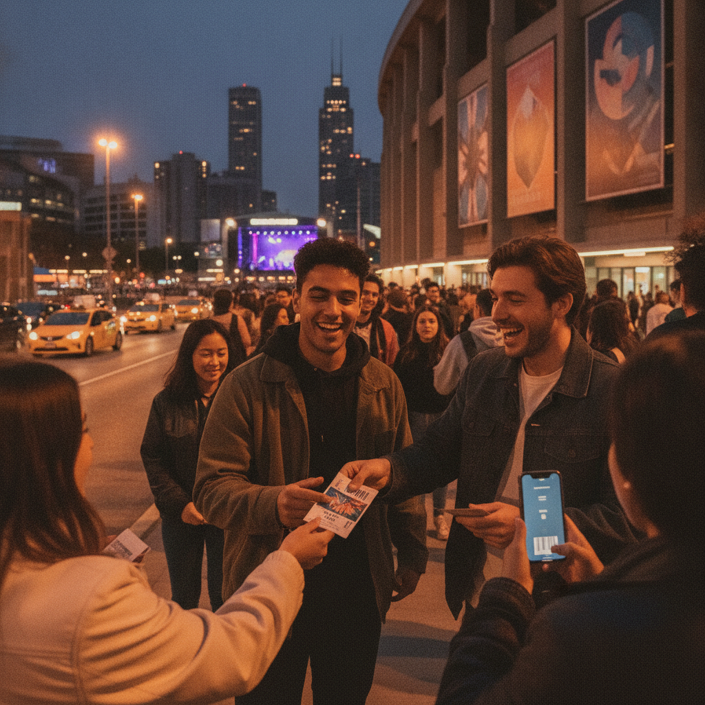 Fans exchanging last-minute concert tickets outside a city arena at dusk, phones glowing and skyline behind them