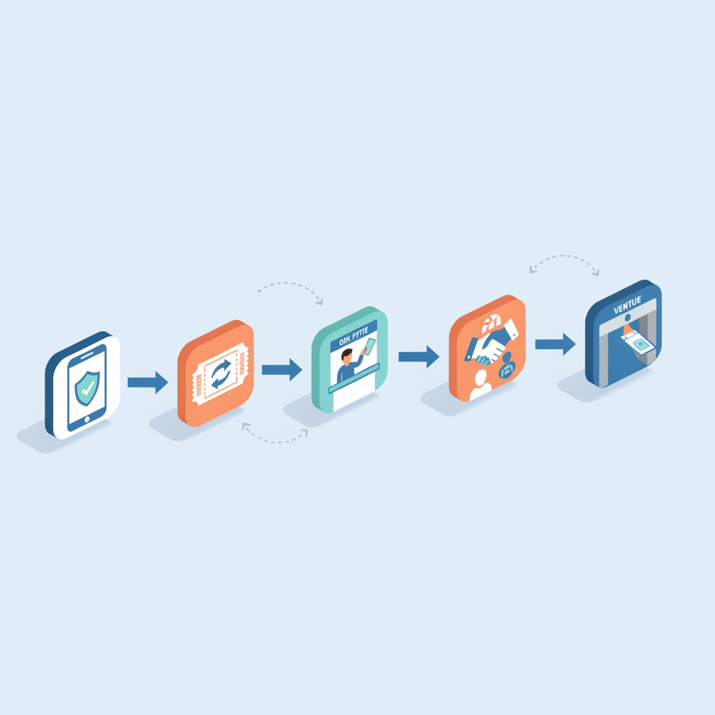 Isometric diagram of connected icons showing apps, resale marketplaces, box office, fan clubs, and venue entry