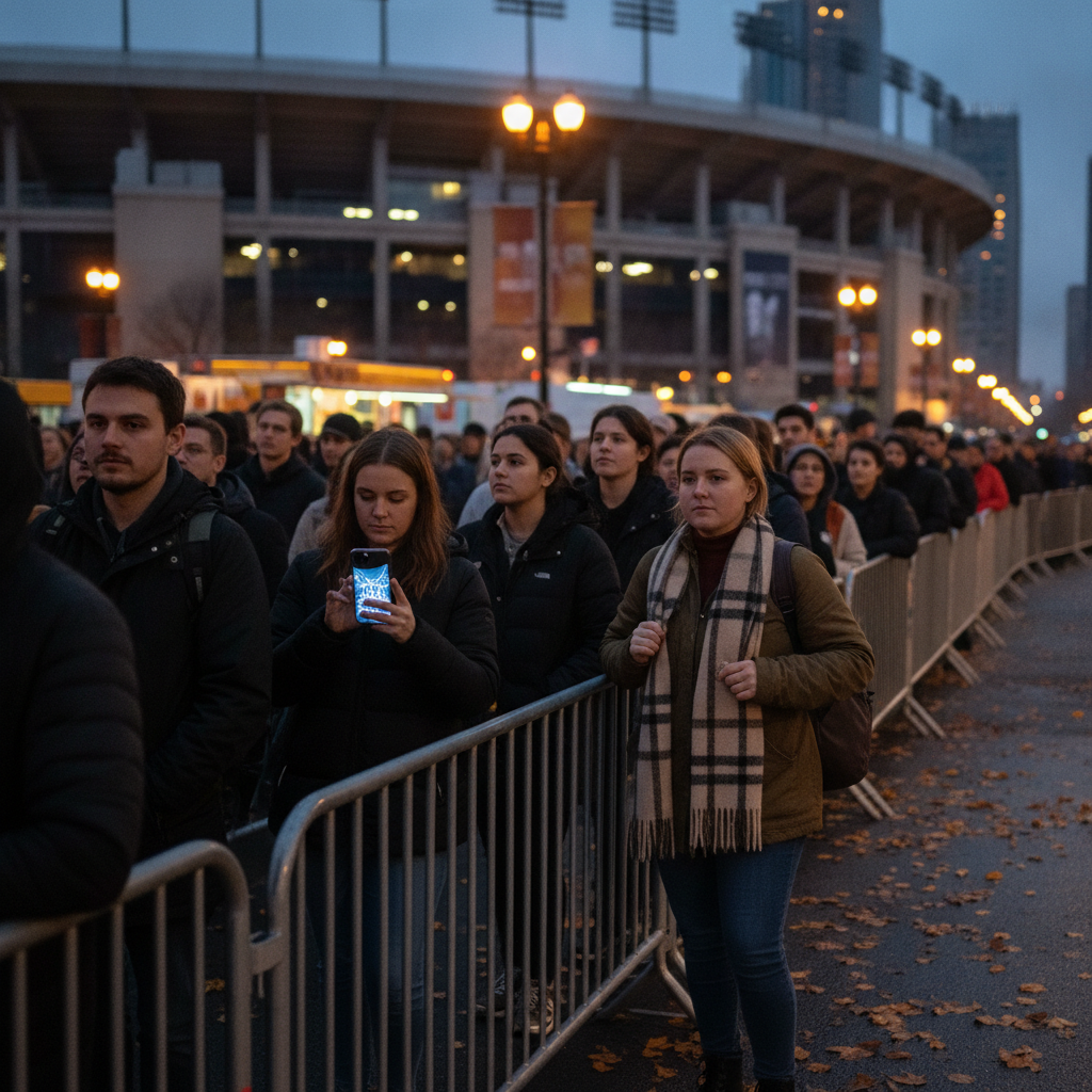 Fans queued outside a city stadium at dusk, checking phones and preparing for a Foo Fighters Fall 2026 show.