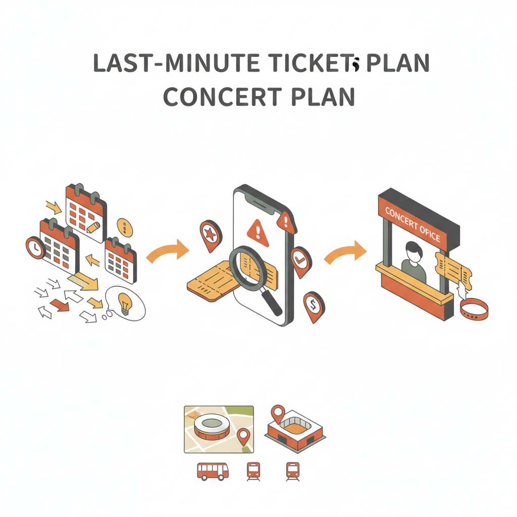 Isometric diagram showing a step-by-step last-minute ticket timeline with alerts, resale checks, and box-office pickup.