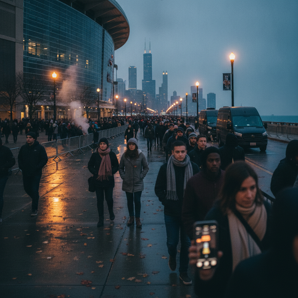 Fans queuing outside United Center at dusk, holding phones and tickets, autumn city skyline behind them