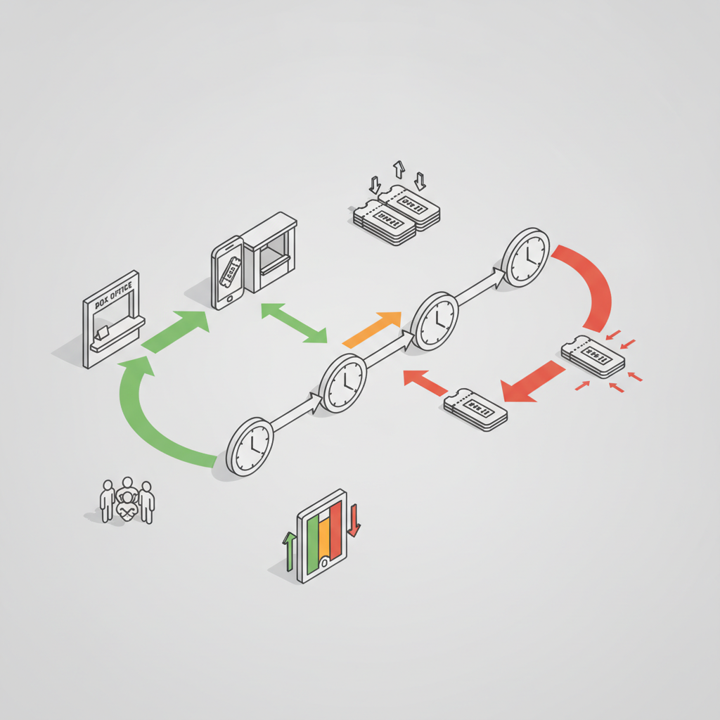 Isometric timeline diagram showing same‑day ticket sources, price bands, and recommended buy windows for concert day