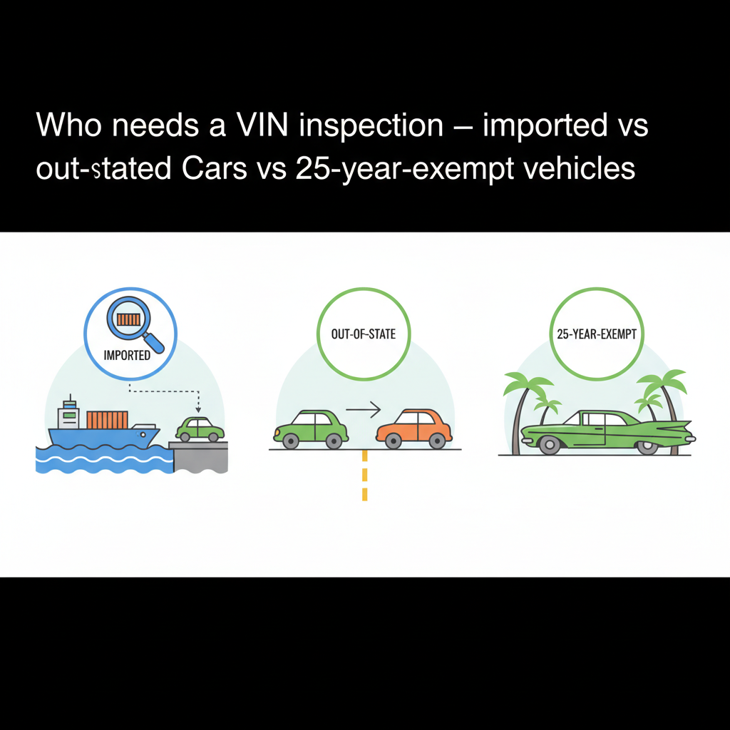 Who needs a VIN inspection — imported vs out-of-state vs 25-year-exempt vehicles illustration