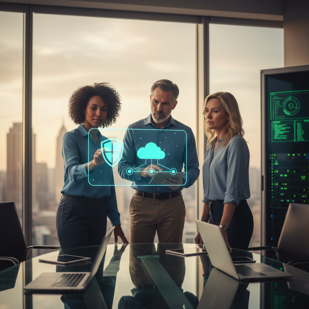 Senior IT engineers point at holographic shield and cloud above laptops in a modern office with city skyline