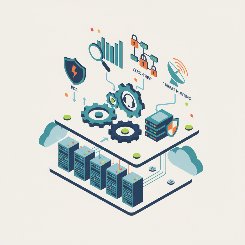 Isometric diagram of layered IT architecture with servers, cloud, managed service gears, backup stacks and security icons