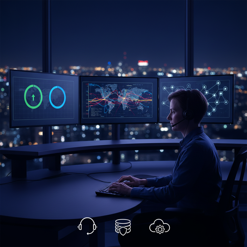 Night-shift IT support engineer on headset monitors abstract threat maps and backup progress in a dark SOC with city lights o