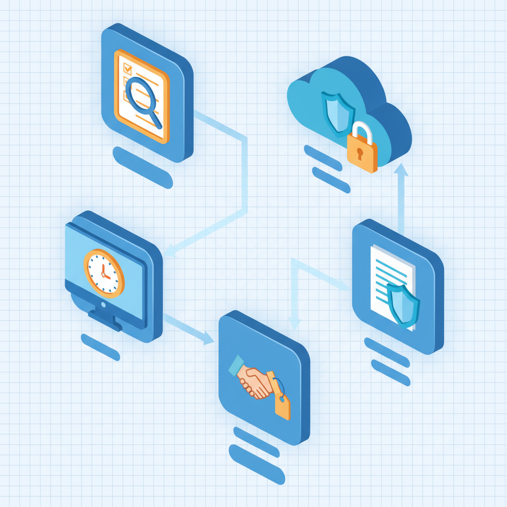 Isometric decision-flow diagram with five connected panels showing assess needs, security/backup, 24/7 monitoring, compliance