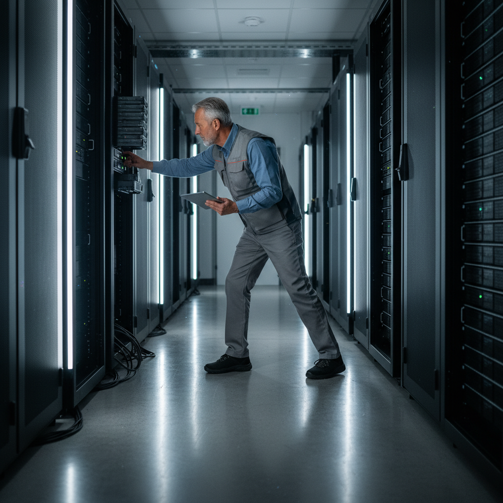 IT engineer checking immutable backup hardware in a lit server room while performing a disaster-recovery verification.