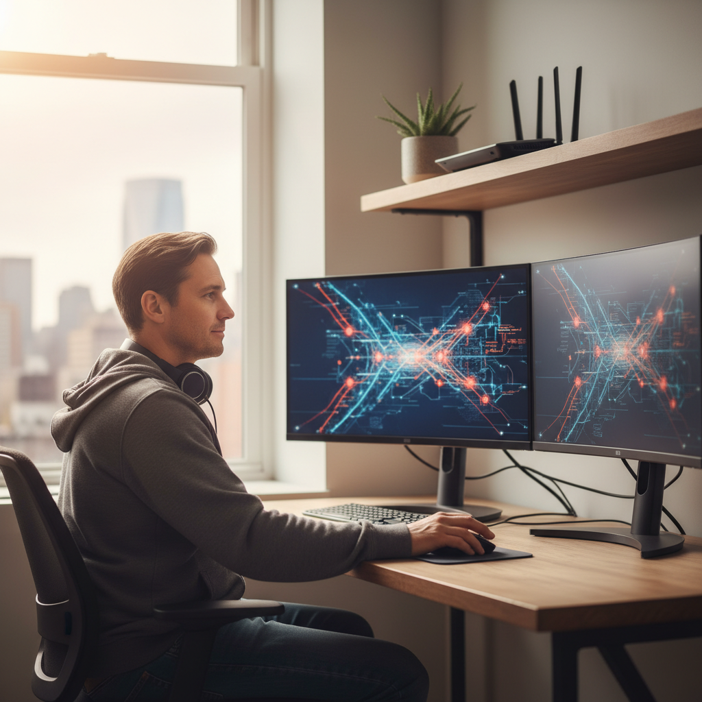 Cybersecurity engineer monitoring multiple screens with abstract threat visuals in a small business office