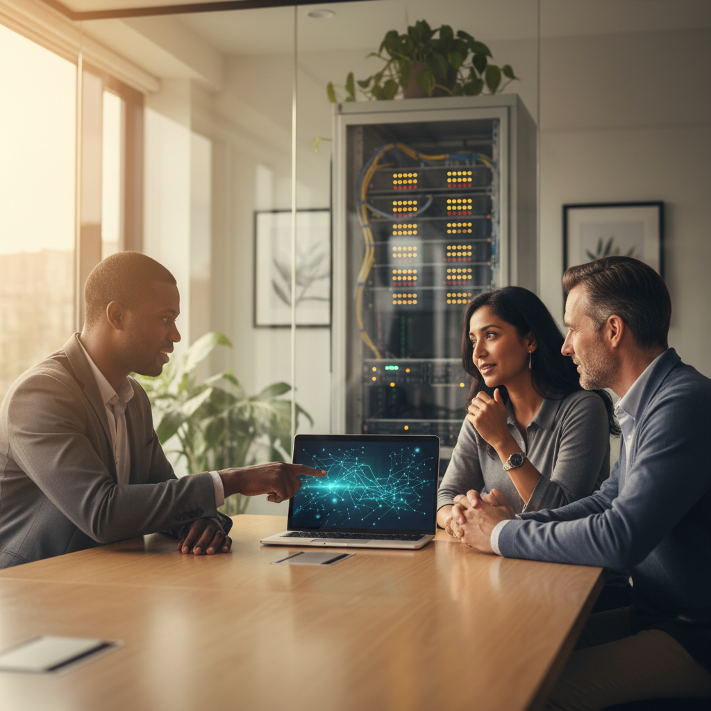 MSSP consultant advising two small-business owners over a laptop in a conference room