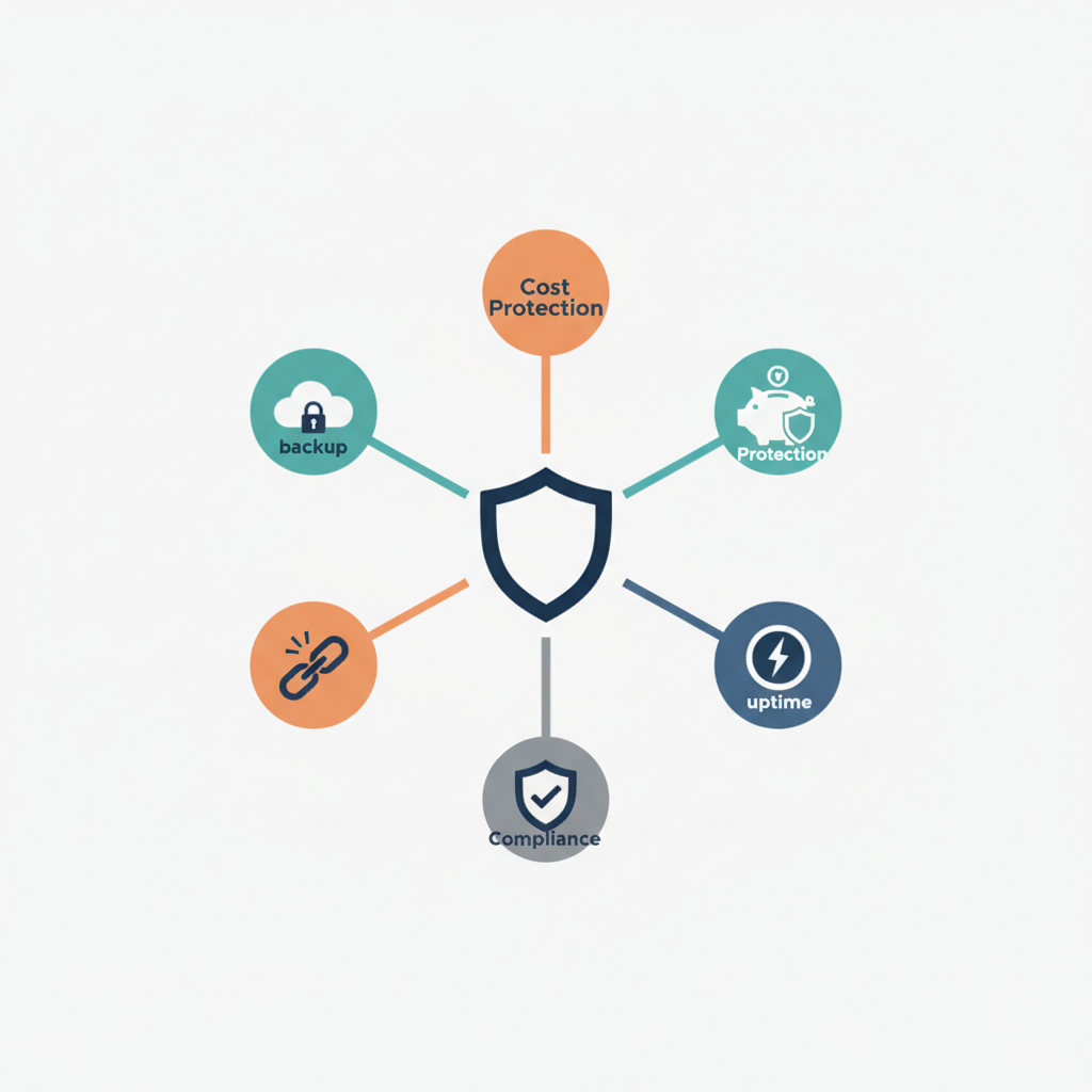 Flat infographic showing a central shield with five icons representing cybersecurity benefits for SMBs