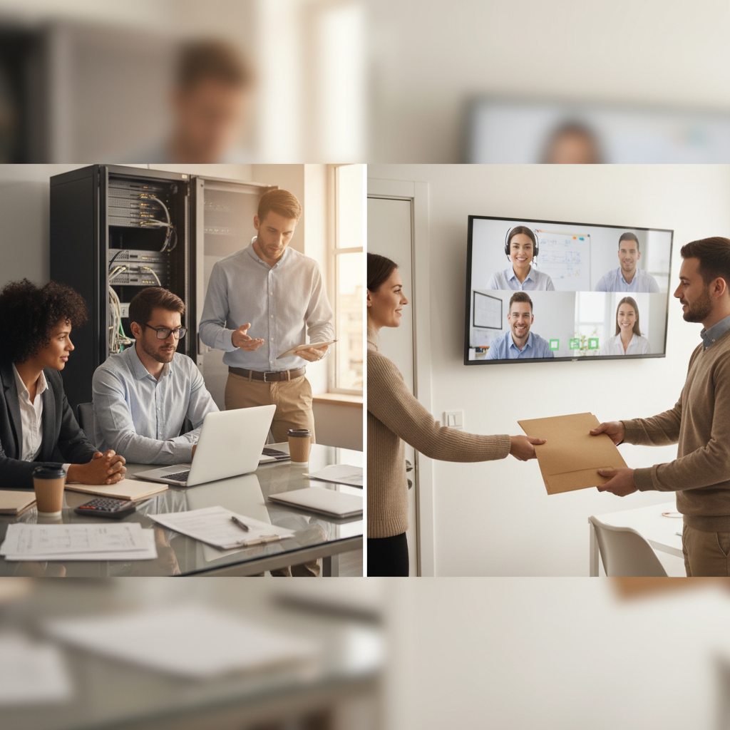 Split corporate scene: on-site IT team around servers while remote consultants join a video call in a modern office.