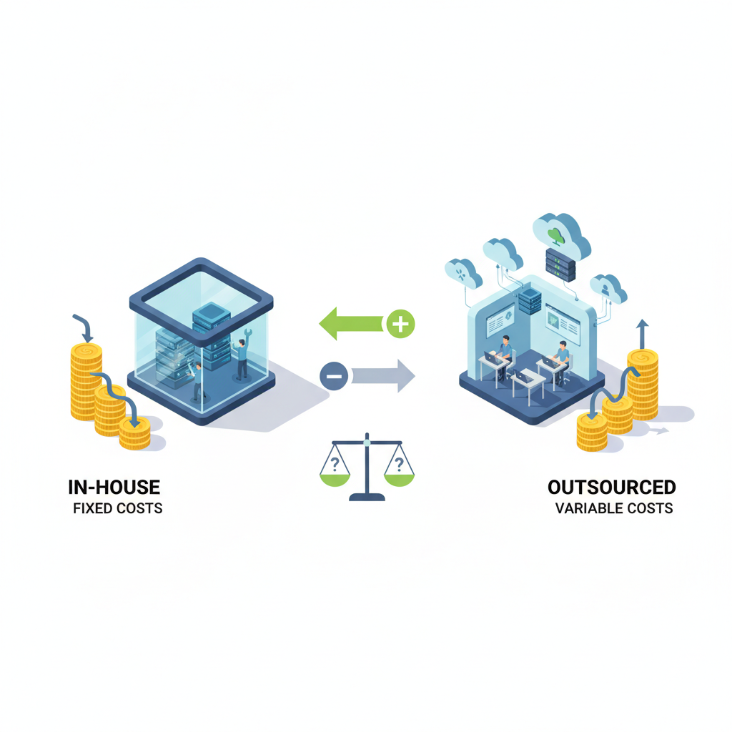 Isometric diagram: on-premises IT with large coin stack versus remote agency with smaller fluctuating coins showing cost trad