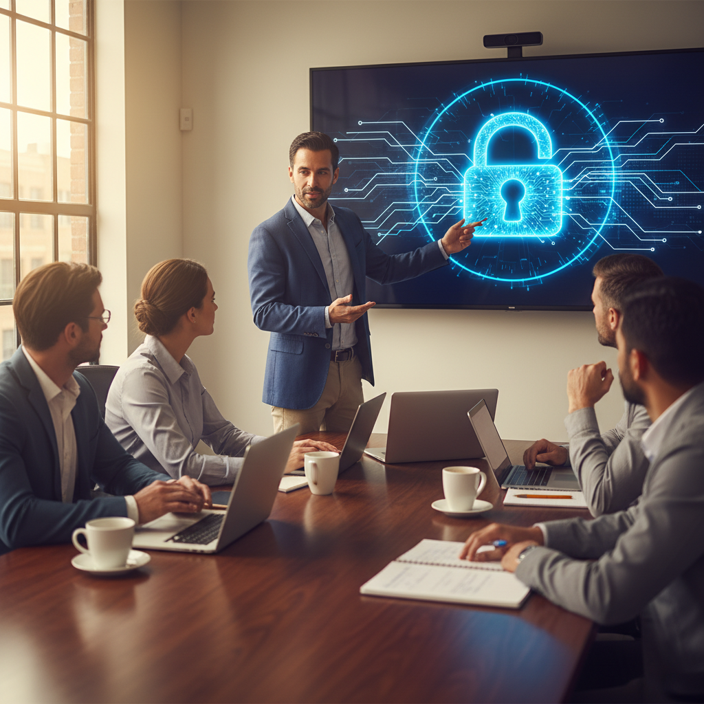 IT specialist points to a glowing padlock graphic on a conference screen while coworkers listen in an office