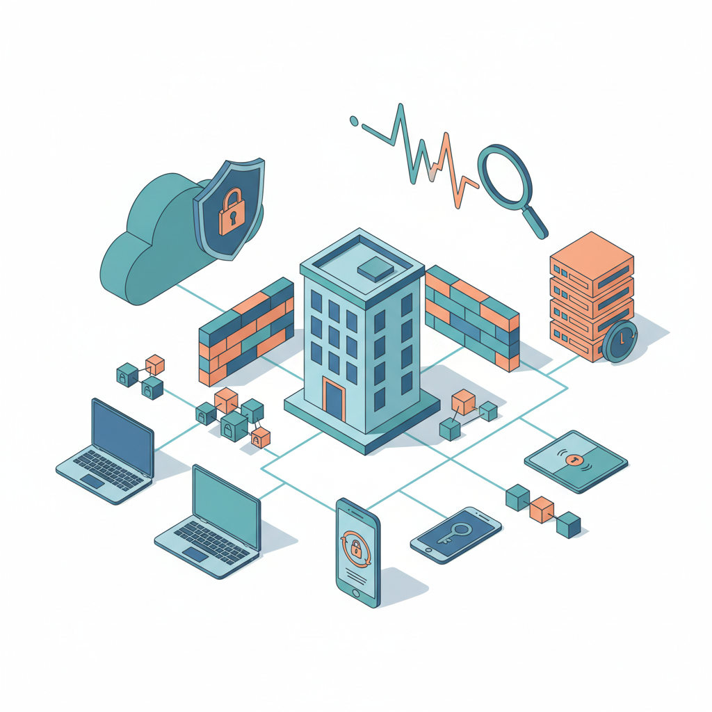Isometric network diagram showing servers, firewall, encrypted devices, backups and MFA icons for business security