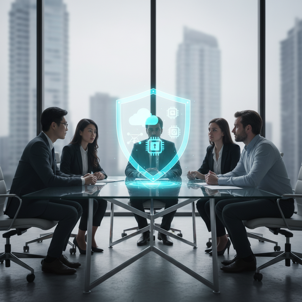 Diverse business team viewing a holographic shield with cloud, network and padlock icons over a conference table