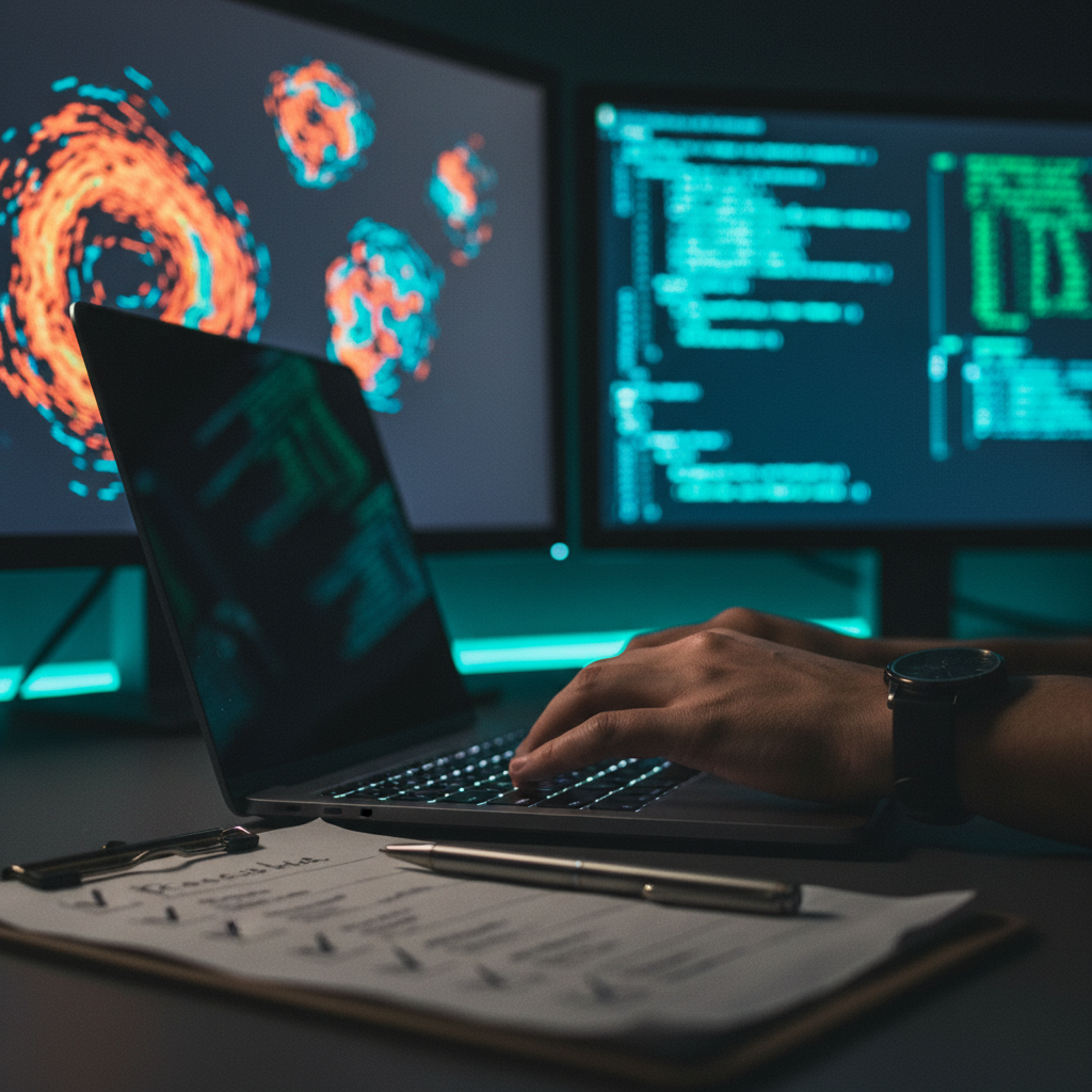 Cybersecurity analyst typing at a laptop in a dim SOC with blurred monitors showing abstract threat maps and code patterns