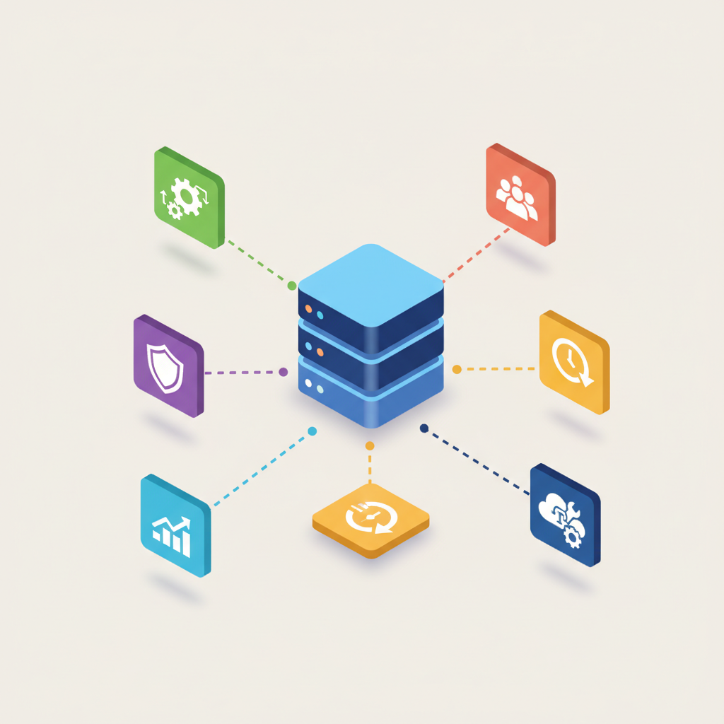 Isometric diagram of a central server linked to seven icons on floating tiles, illustrating tech-management benefits