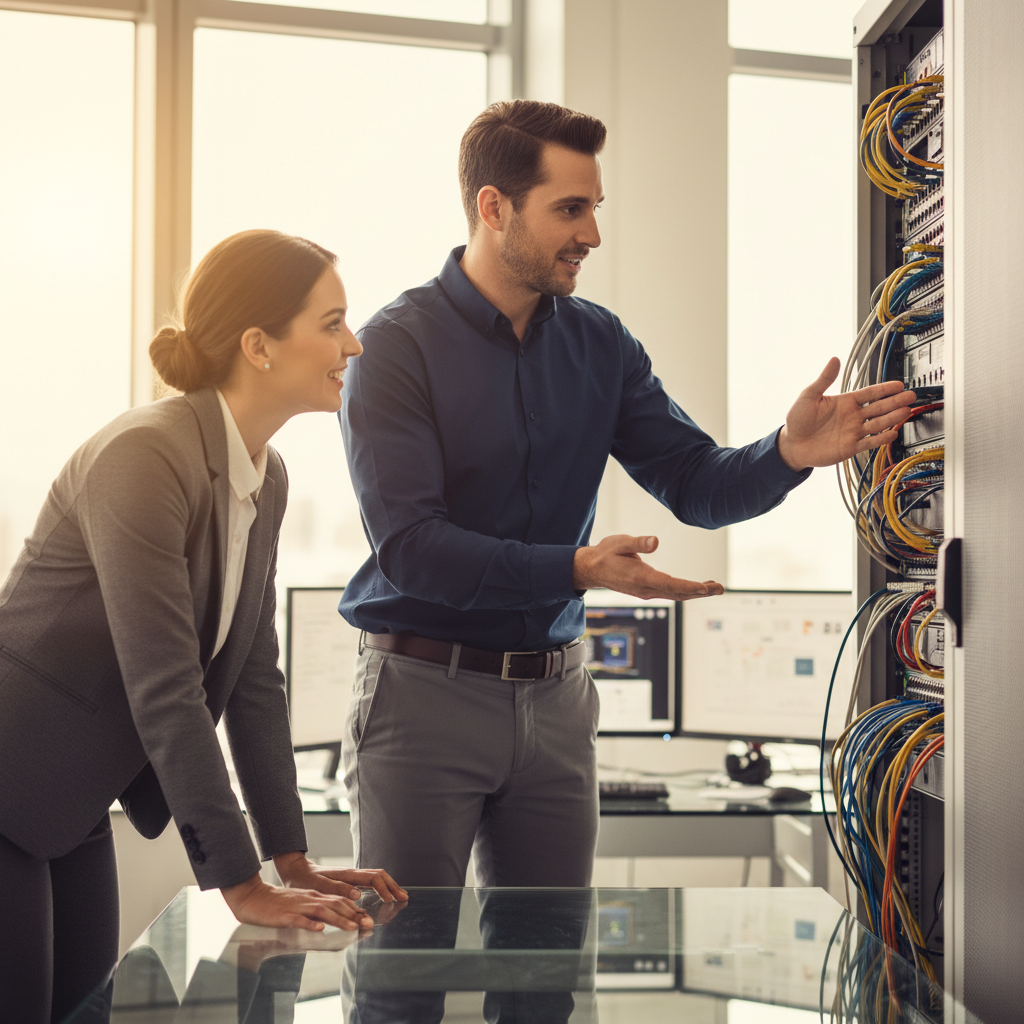 IT technician points to a server rack patch panel explaining services to a small-business owner in a modern office