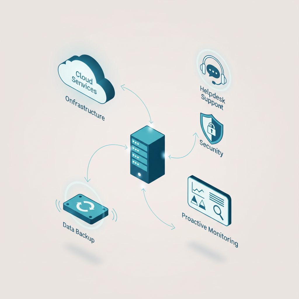Isometric infographic linking cloud, server rack, helpdesk, security shield and backup icons to show managed IT services work