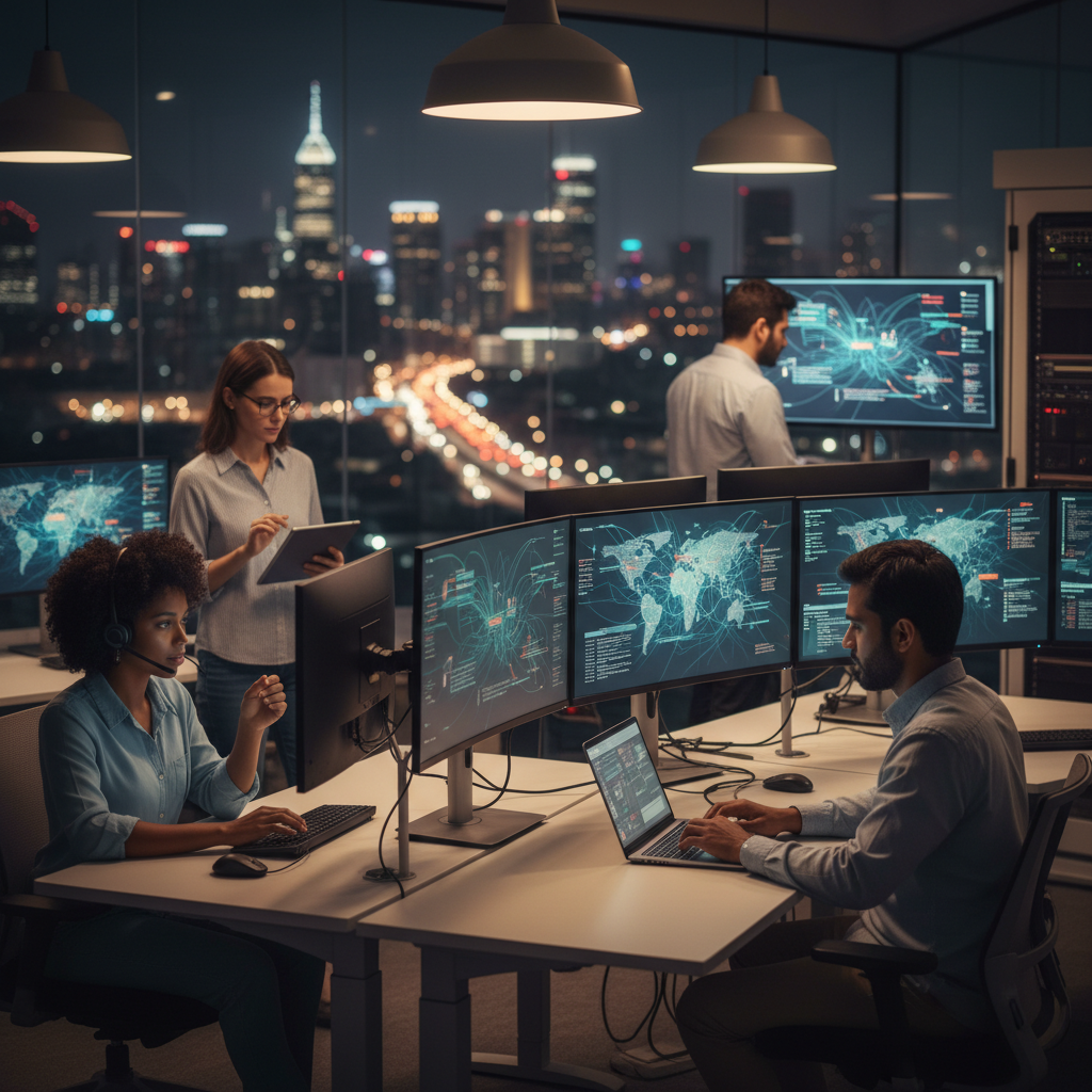 Diverse IT team working late in a support center, technicians monitoring systems and taking a headset call