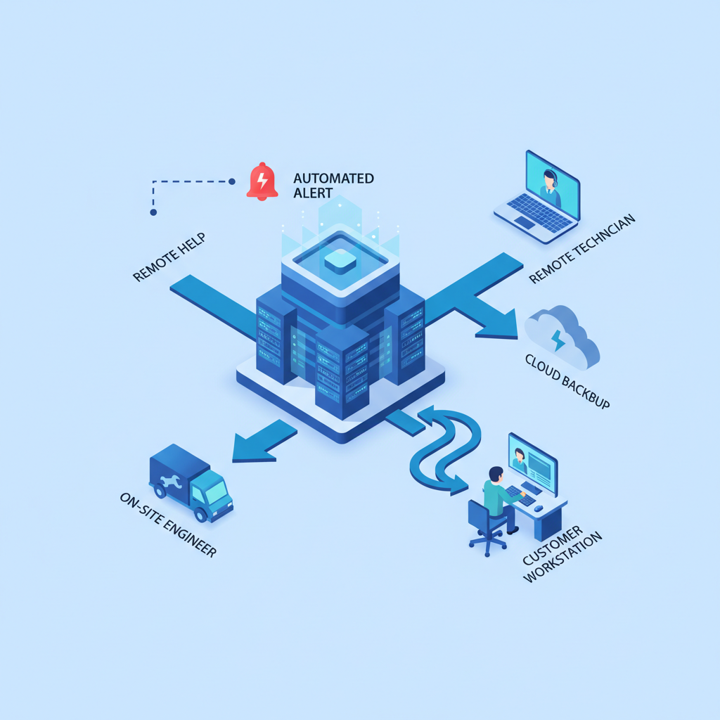 Isometric workflow diagram showing round-the-clock IT monitoring, automated alerts and remote incident response